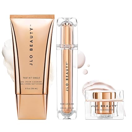 JLO BEAUTY Skin Care Set, 3-Step Daily Routine with Gel Cream Cleanser, Facial Serum & Face Moisturizer, Hydrating & Firming Skincare Set for Smoother, Glowing Skin, 3 Piece Kit